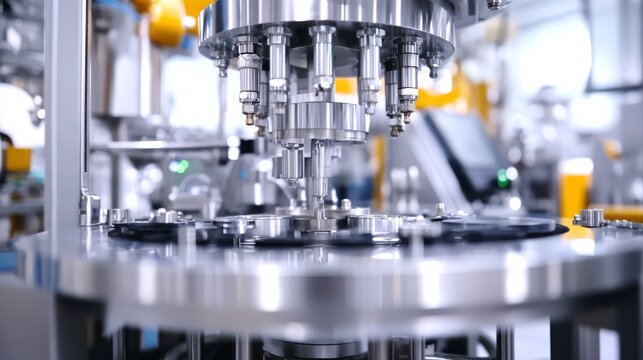 Automated Precision: A close-up view of a gleaming, multi-head filling machine in a pharmaceutical or industrial setting. The intricate design and sleek.