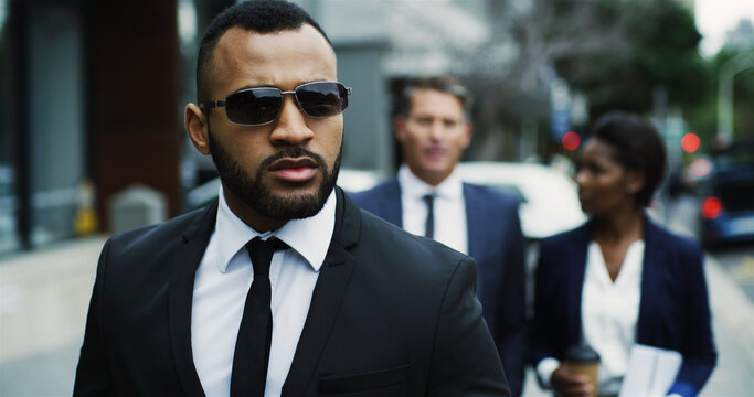 Bodyguard, walking and service for business people, protection and vip guests in city with surveillance. Secret security, client and private escort outdoor for politician, corporate worker and safety