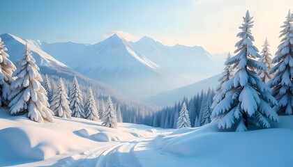 Fototapeta premium Winter Wonderland: Serene Snowy Mountains and Peaceful Forests