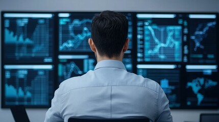 Businessman Analyzing Data on Multiple Monitors