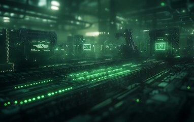 Fototapeta premium A futuristic urban landscape illuminated by green lights, featuring high-tech buildings and an eerie atmosphere.