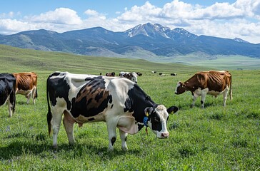 Naklejka premium A herd of cows grazing in the green pasture with mountains in the background