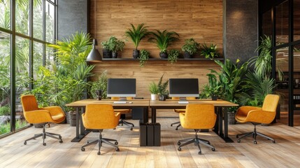 Fototapeta premium Modern office interior with plants and large windows.