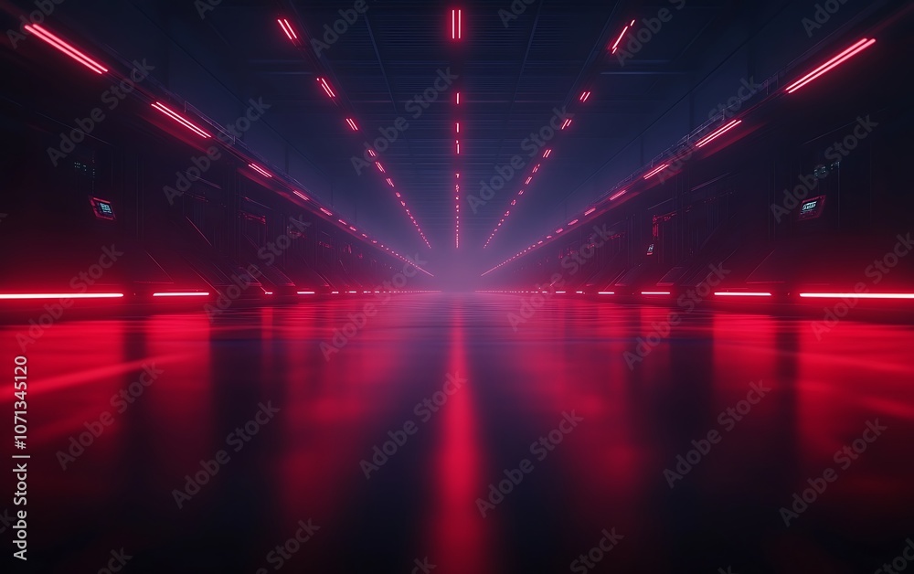 Fototapete a futuristic, dimly-lit space features striking red lights radiating from the center, creating an at