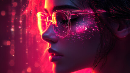 A cyber-female face with glasses in pink lighting. Data specialist, close-up. Virtual reality glasses. Cyberspace and security. Glamorous neon portrait of a smart lady. Infinity
