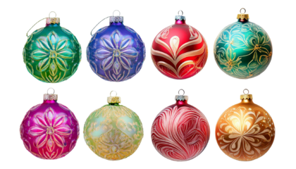 A set of 8 colorful of Christmas baubles with pattern PNG transparent background for Christmas decoration
