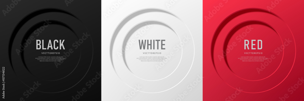 Poster set of 3d round circle window in red, black and silver white abstract background with copy space. si