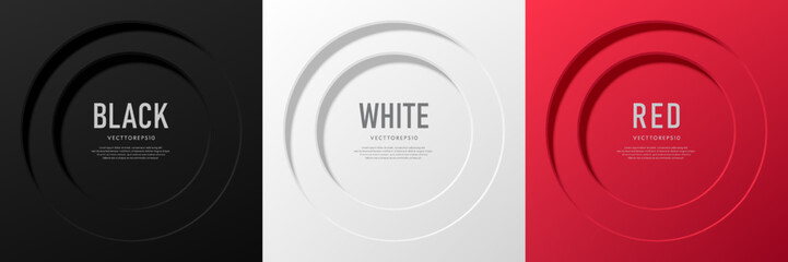 Set of 3d round circle window in red, black and silver white abstract background with copy space. Simple and minimalist circle template banner design. Modern futuristic concept. Vector illustration.