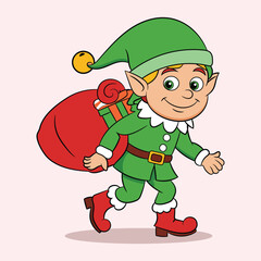 Vector cute cartoon Christmas elf carrying a sack of gifts character illustration