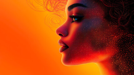 A woman's face in profile in a futuristic style. The concept of a backdrop for the design of a postcard for March 8. The data specialist. Cyber woman. The concept of virtual reality