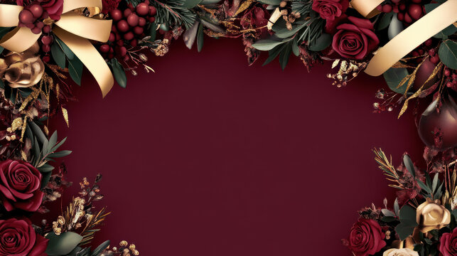 Festive Garland with Ribbons and Red Background