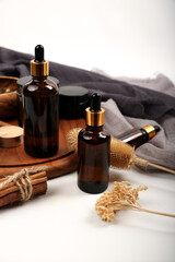 Amber Glass Dropper Bottles with Wooden Decor for Skincare and Aromatherapy Branding

