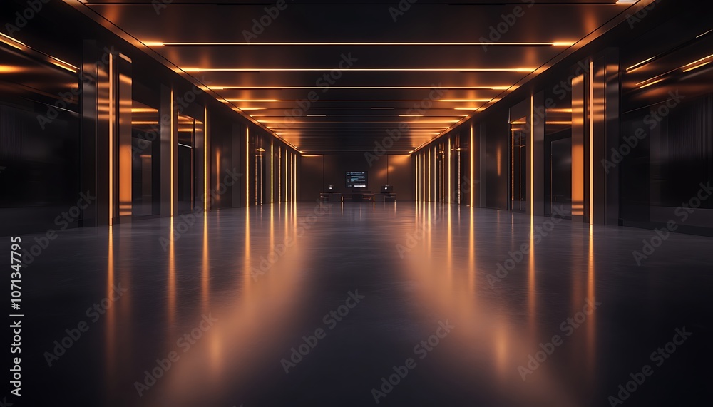 Poster a modern, illuminated corridor featuring sleek lines and reflective surfaces, creating a futuristic 