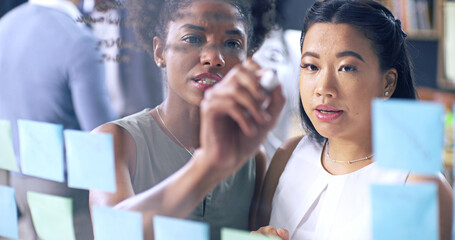 Office, meeting and glass wall for sticky notes, thinking and erp discussion with report. Women,...