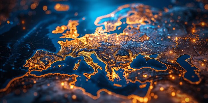 Digital Map of Europe with Global Network Connections and Data Transfer