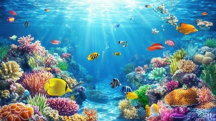 Naklejka premium Vibrant Underwater Reef Illustration with Colorful Fish