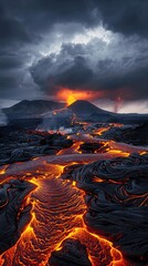Lava Flow under Dramatic Dark Sky