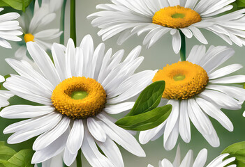 Fototapeta premium Close-up of a single white daisy with a yellow center and green leaves.