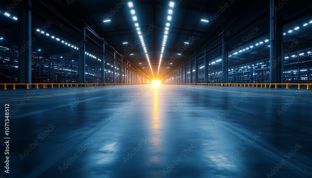 Poster a spacious, illuminated industrial space with bright lights leading toward a glowing source, creatin