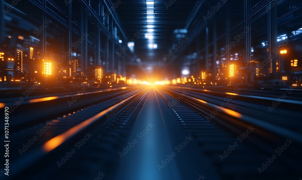 Poster a futuristic view of illuminated train tracks leading into a tunnel, showcasing a blend of technolog