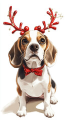 a happy beagle with soft, floppy ears wearing red reindeer antlers