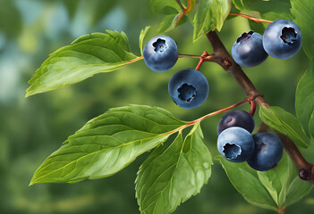Close-up of ripe blueberries on a branch with green leaves.