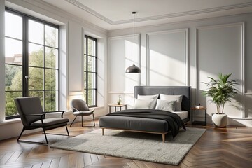 Fototapeta premium Black bed, white walls, lone armchair; minimalist bedroom design embraces stark simplicity.