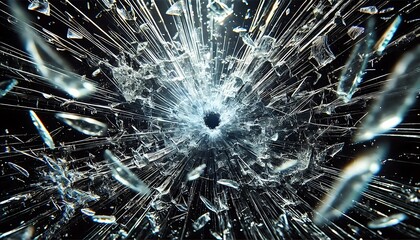 Glass mirror breaked shatter with debris super slow motion. Macro camera 3d illustration