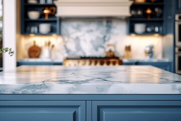 Modern blue kitchen with marble countertop and vase with flowers