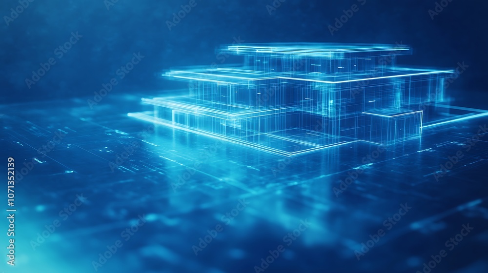 Poster a digital representation of layered structures in a futuristic, blue-toned environment, suggesting c