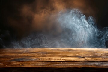 Wooden table with smoke in dark background for product display