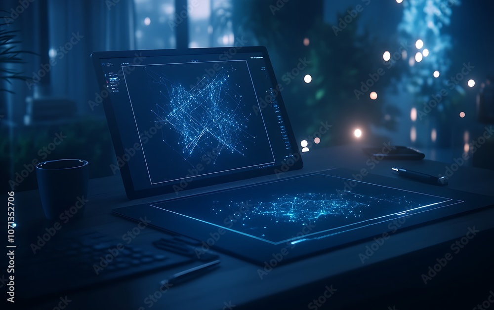 Fototapete a dimly lit workspace featuring a laptop displaying intricate blue network patterns, surrounded by a