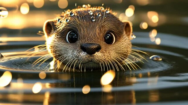 Close-up portrait of a cute otter swimming in the water with a warm, golden light.