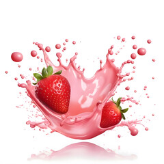 Fresh Strawberries Splashing in Pink Milk or Yogurt