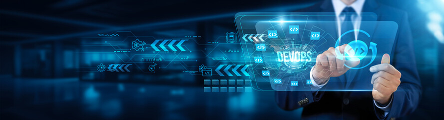 Businessman touching interface and DevOps, development and operations, collaboration and...
