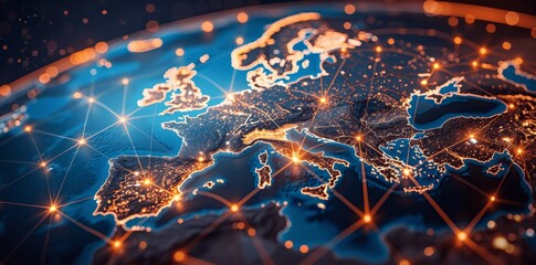 Digital map of Europe highlighting Middle East connectivity, global network and business exchange, online communication technology, global trade background with glowing effects