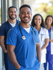 A diverse group of healthcare professionals smiling together in a sunny environment.