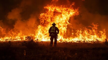 Fototapeta premium Firefighter Facing Raging Wildfire at Dusk