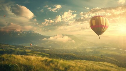 Obraz premium A serene landscape featuring hot air balloons soaring above rolling hills at sunset.