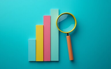 Colorful bar graph and magnifying glass on a bright blue background, representing data analysis, business statistics, and market research.