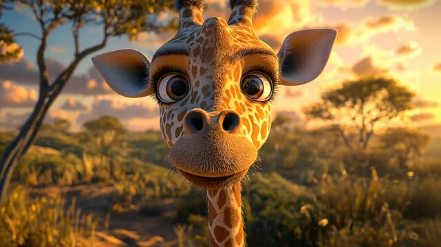 A cute cartoon giraffe with big eyes looks at the camera in a savanna landscape at sunset.