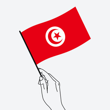 recommend clip art: Hand holding Tunisia flag in line art drawing style. Tunisia hand Flag waving. Vector illustration