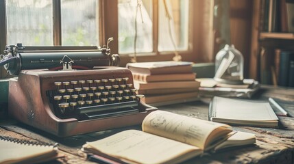 Obraz premium A vintage typewriter sits proudly on a wooden desk surrounded by books and notebooks