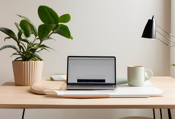 Bright Desk Setup with Plant and Coffee
