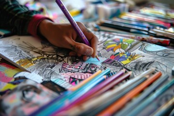 Fototapeta premium Explore creativity a hand engages in artistic design on an open sketchbook