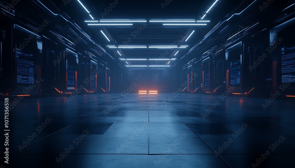 Poster a futuristic, illuminated corridor with vibrant blue and orange lights, featuring a sleek, empty flo