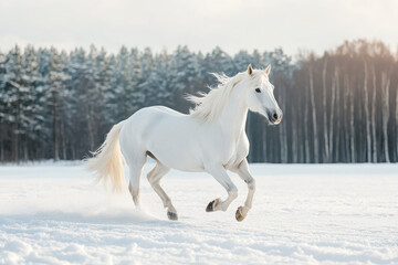 Fototapeta premium A white horse galloping through a snowy landscape under a cloudy sky.