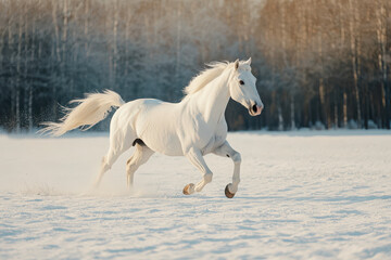 Fototapeta premium A white horse galloping through a snowy landscape under a soft, warm light.