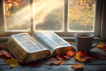 A bible book, cup of coffee and autumn leaves with rays of light