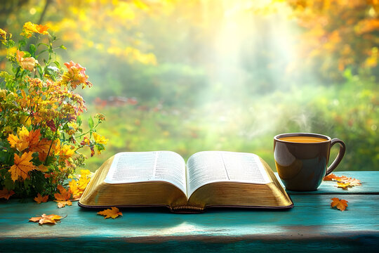 A bible book, cup of coffee and autumn leaves with rays of light